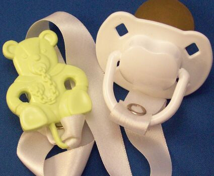 White Dummy Pacifier & green Teddy Bear Clip