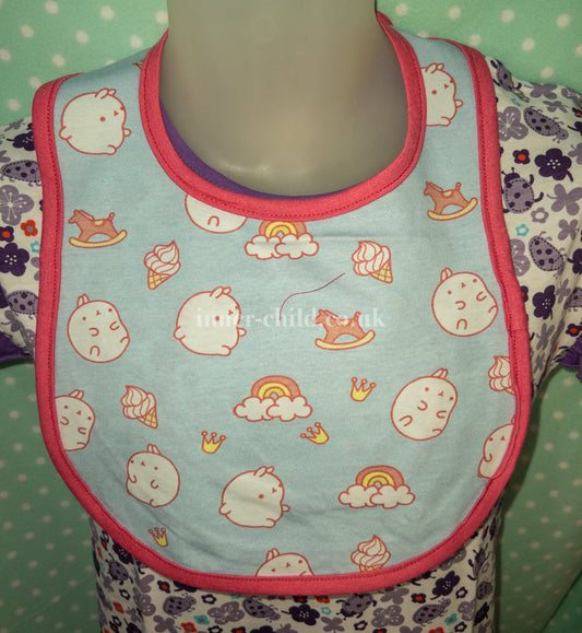 Rabbits and Rainbows Adult Blue and Pink Bib